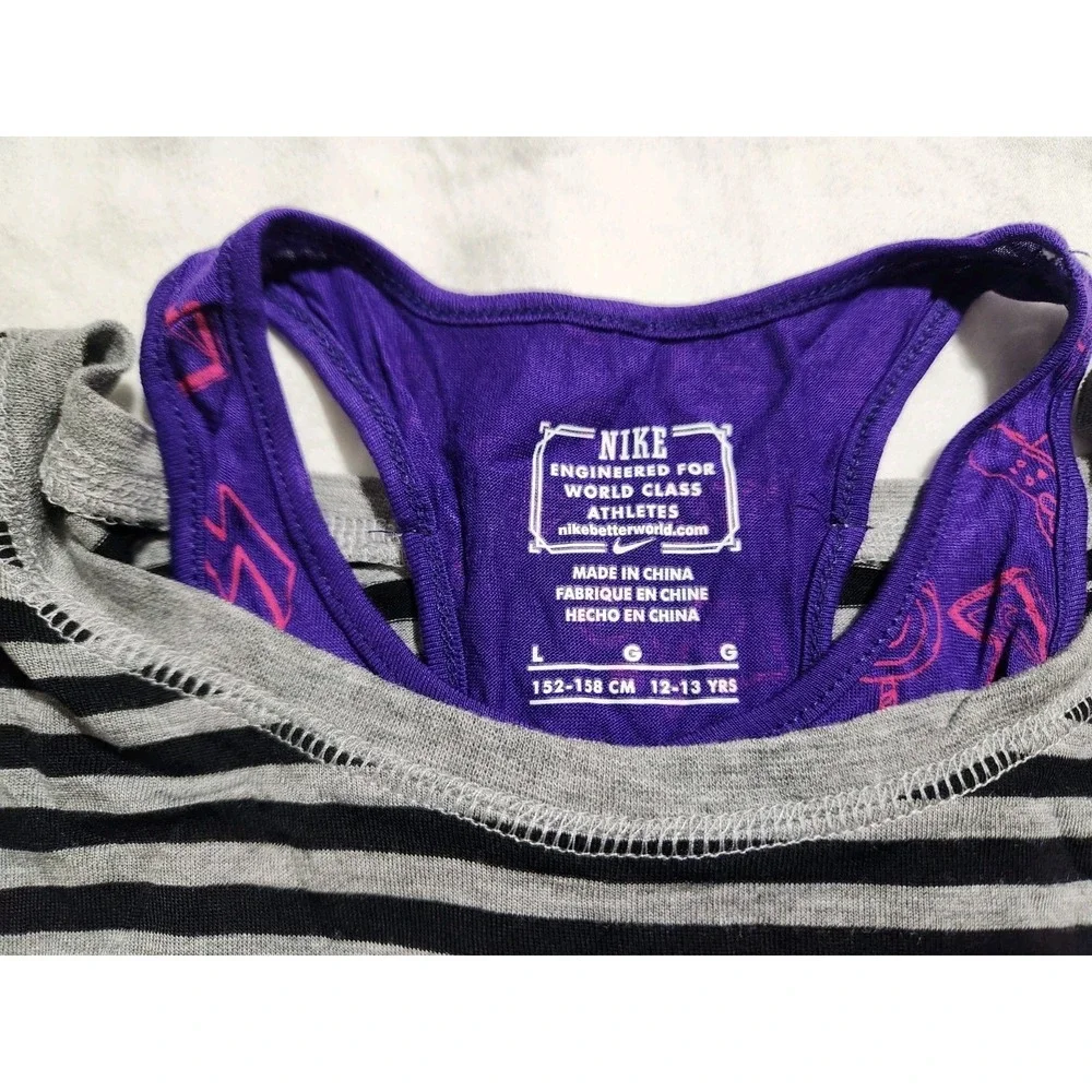 Nike Girls Gray Black Stripe‎ Purple Tank Tee Size L